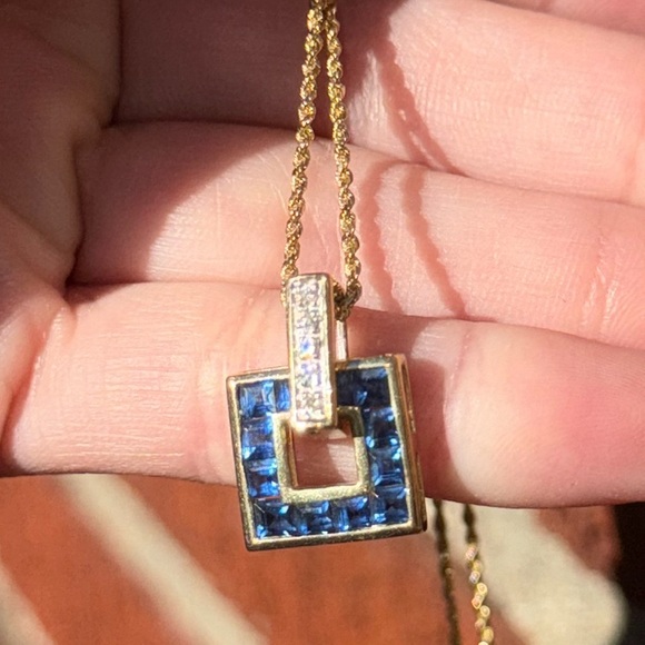 14K Gold Sapphire & Diamond Pendant Necklace with 17” Chain